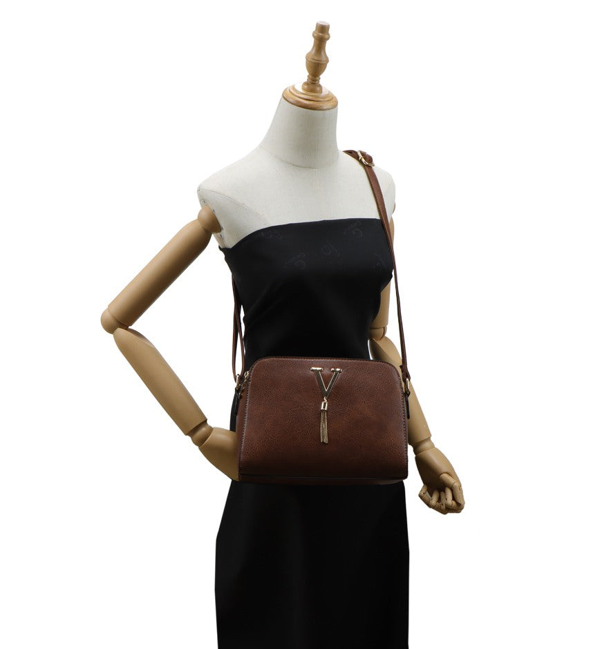 V-Detail Tassel Crossbody Bag