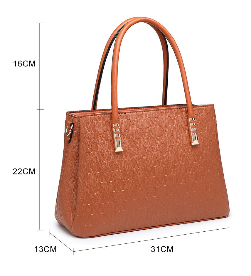 A brown textured handbag with dual top handles and gold-tone hardware, shown with dimension lines and labels indicating height, width, and depth measurements.
