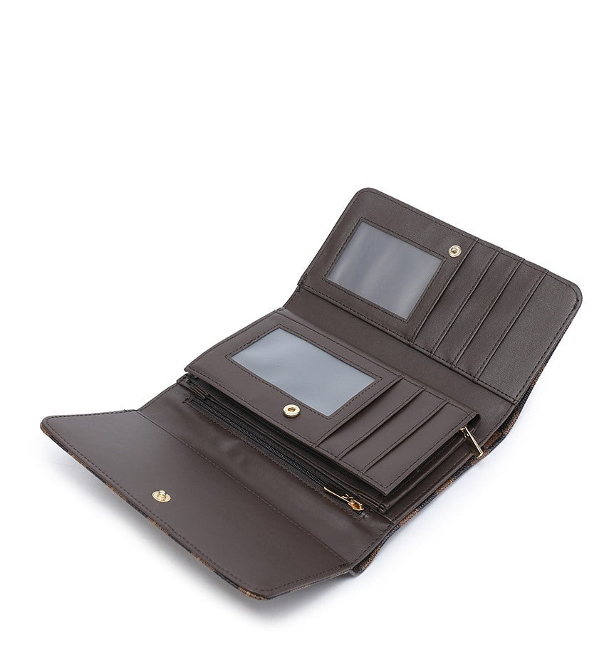An open dark brown wallet with multiple card slots, ID windows, and gold-tone snaps, shown on a clean white background.