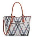 A structured tote bag featuring a white, gray, and red plaid pattern with tan handles, trim, and a matching detachable shoulder strap, shown against a plain white background.