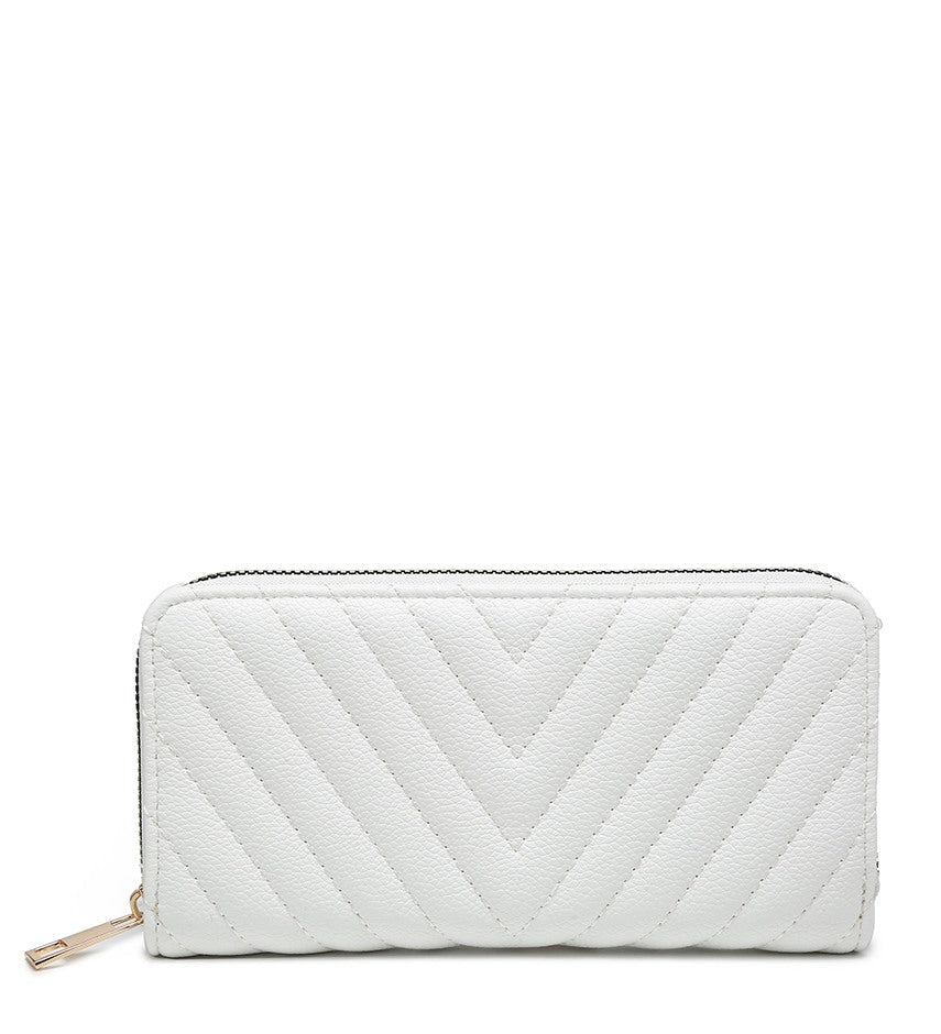 A white quilted zip-around wallet with a chevron pattern and a gold zipper pull, shown against a plain white background.