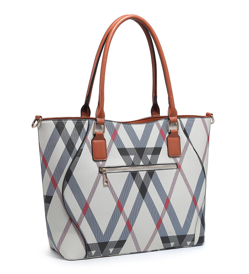 A structured tote bag featuring a gray, white, and red plaid pattern with smooth brown handles and trim, shown against a plain white background.