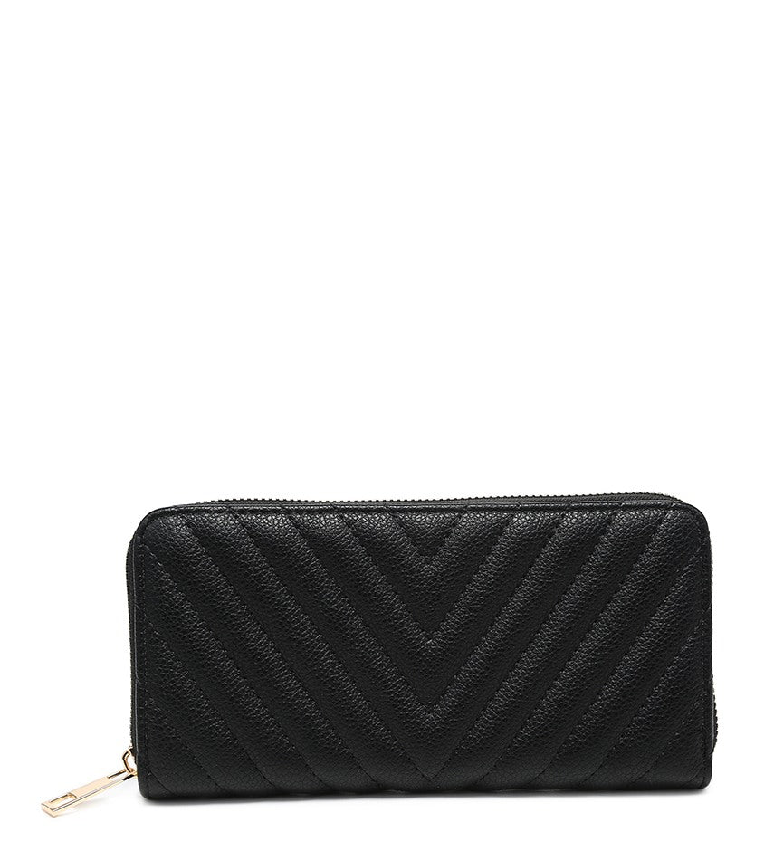 A black pebbled zip-around wallet with a quilted chevron pattern and a gold-tone zipper pull, shown on a plain white background.