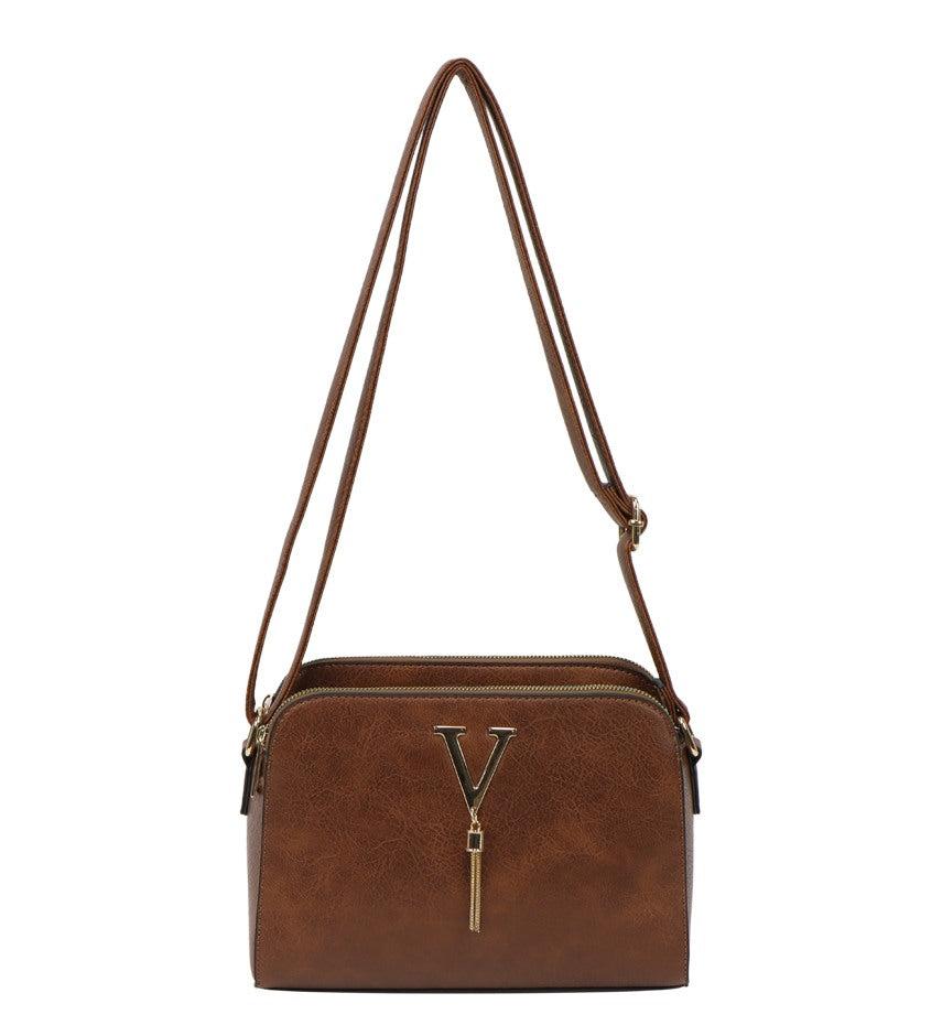 V-Detail Tassel Crossbody Bag