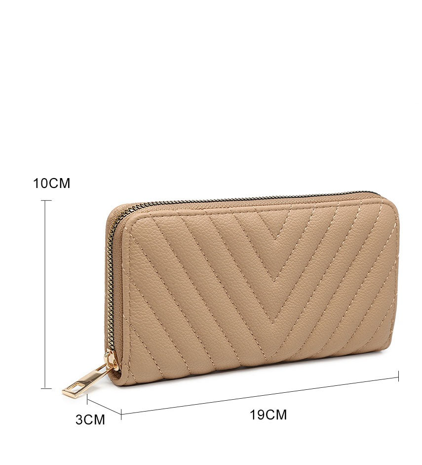 A beige quilted zip-around wallet with gold-tone hardware, shown on a white background with dimension lines indicating 10CM height, 19CM width, and 3CM depth.