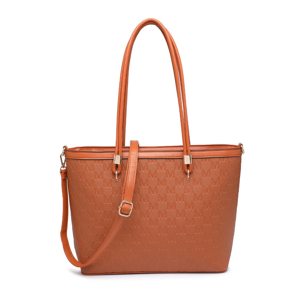 A structured tan tote bag with an embossed geometric pattern, dual top handles, and a detachable shoulder strap, shown against a plain white background.