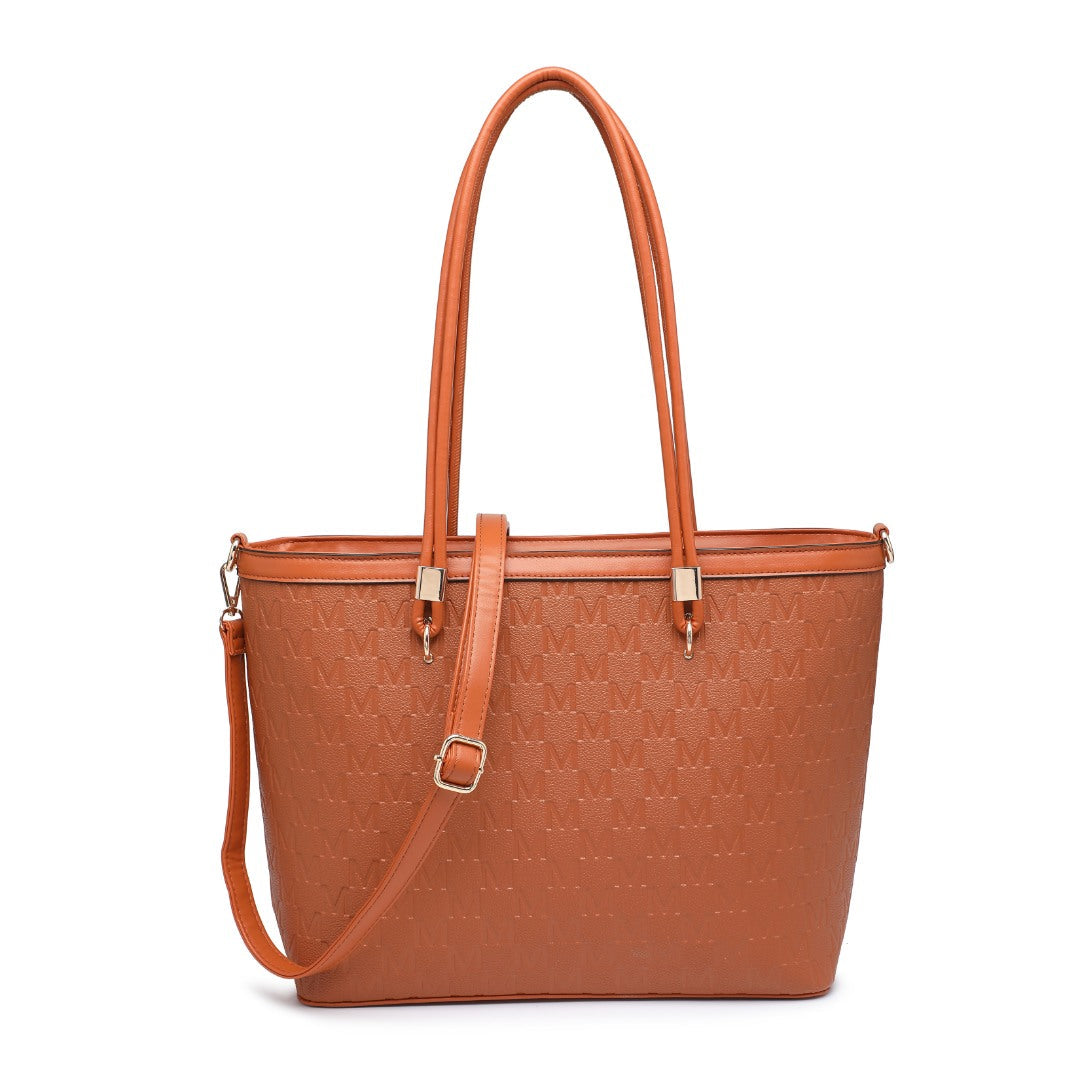 A structured tan tote bag with an embossed geometric pattern, dual top handles, and a detachable shoulder strap, shown against a plain white background.