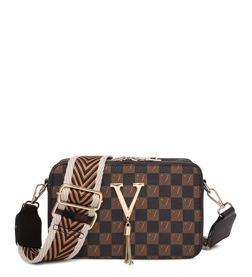 Coffee Checkered Crossbody Bag