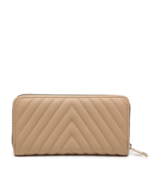 A beige quilted zip-around wallet with a pebbled texture and a small gold-tone zipper pull, shown on a plain white background.