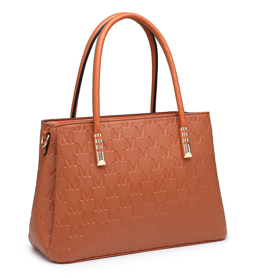 A structured brown handbag with an embossed monogram pattern, dual top handles, and gold-tone hardware, shown on a plain white background.