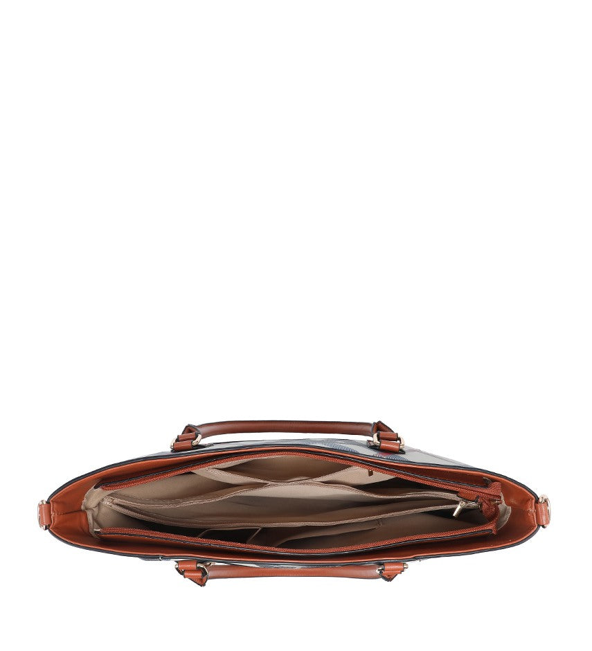 Top-down view of a brown handbag showing its interior compartments, lining, and top handles against a white background.