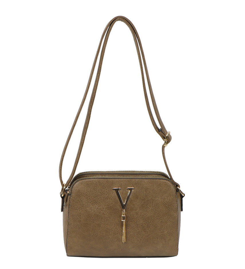 V-Detail Tassel Crossbody Bag