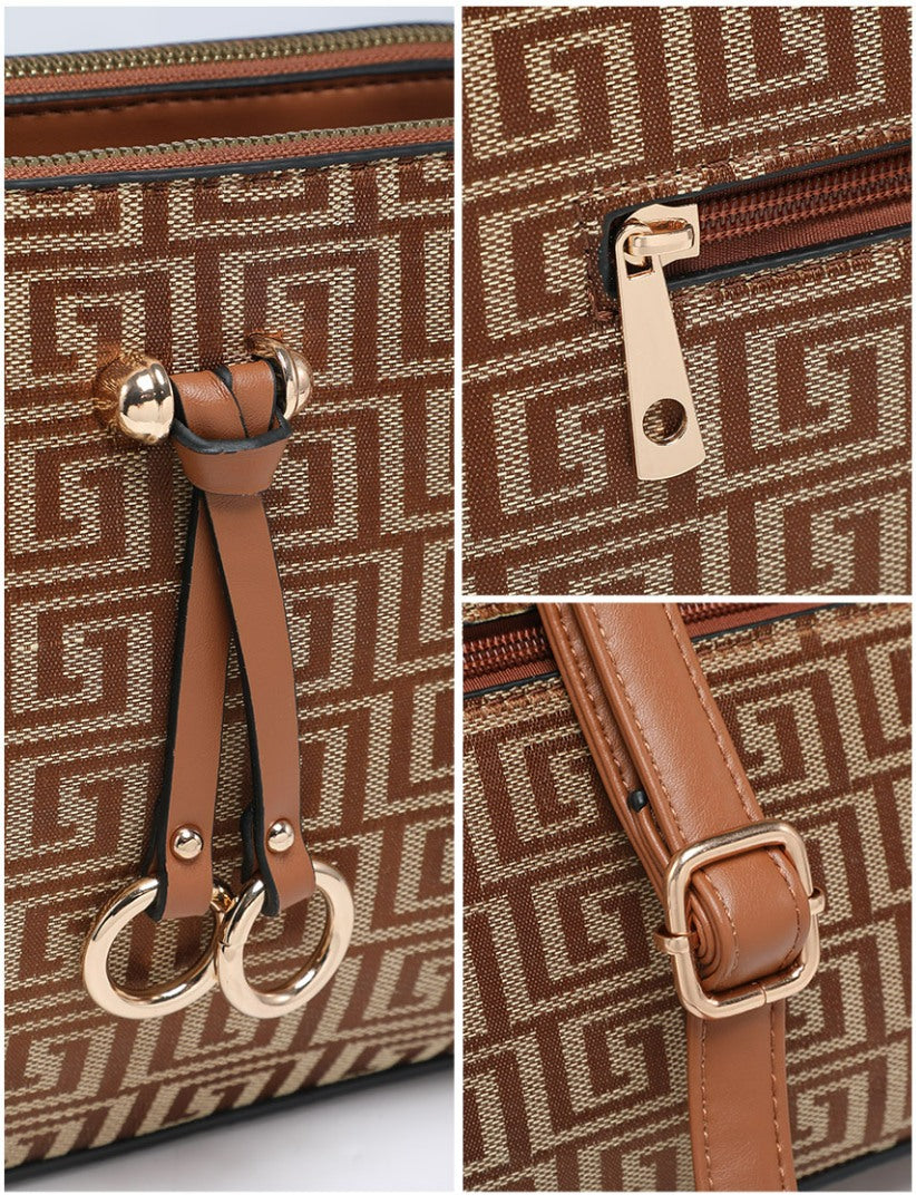 Close-up collage of a brown and beige patterned bag with tan trim, gold-tone hardware, a zipper pull, and a strap buckle detail.