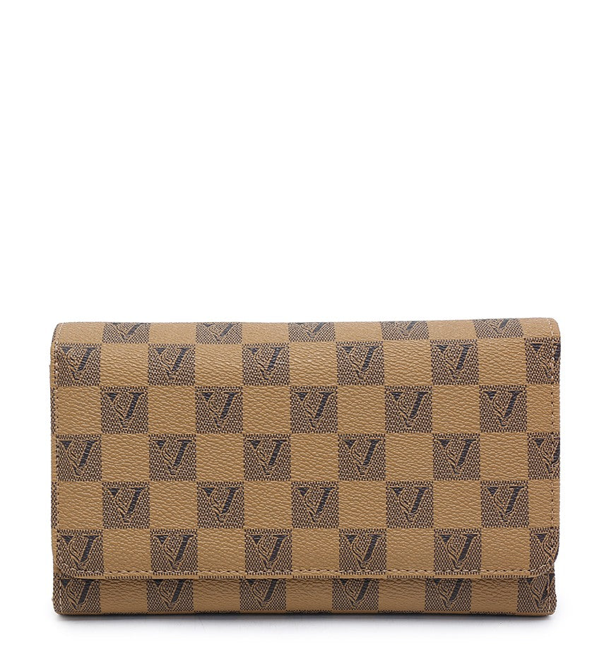 A wallet in the brand's classic Damier Ebene checkered, featuring tan and dark brown checkers with embossed V logos, shown against a plain white background.