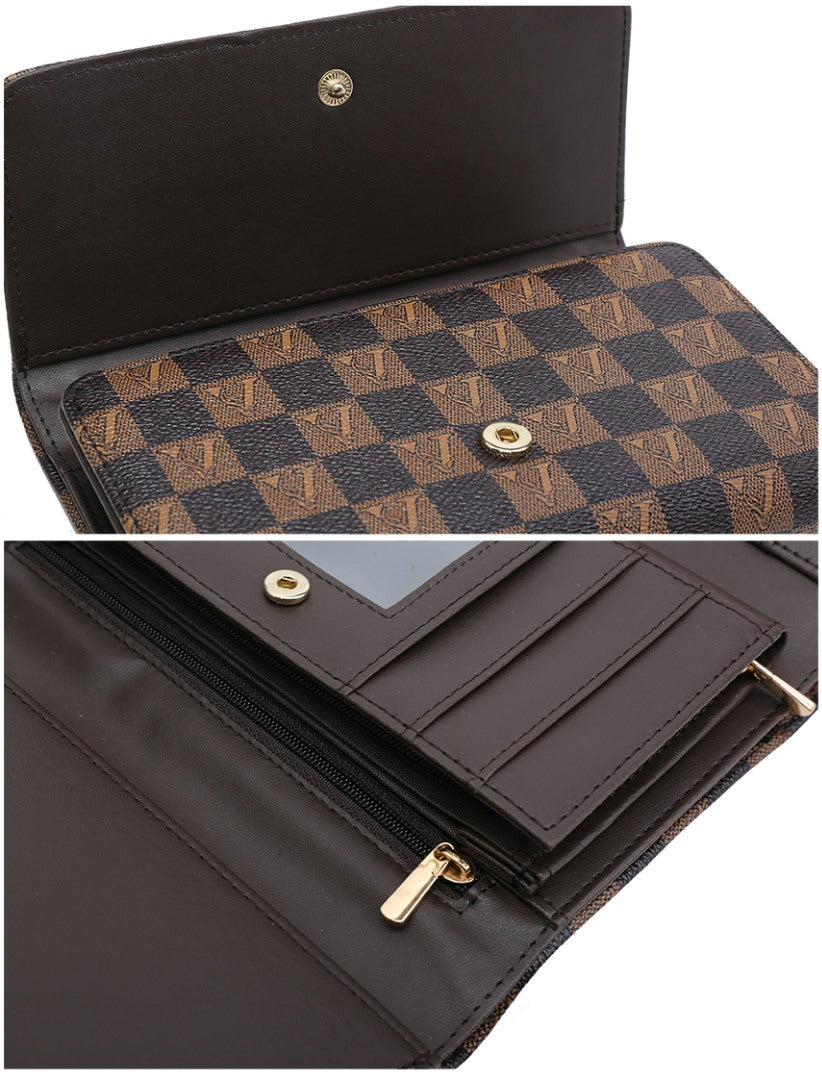 A dark brown wallet shown open in two views, featuring a brown and black checkered patterned exterior, gold-tone snap buttons, card slots, and a zippered compartment.