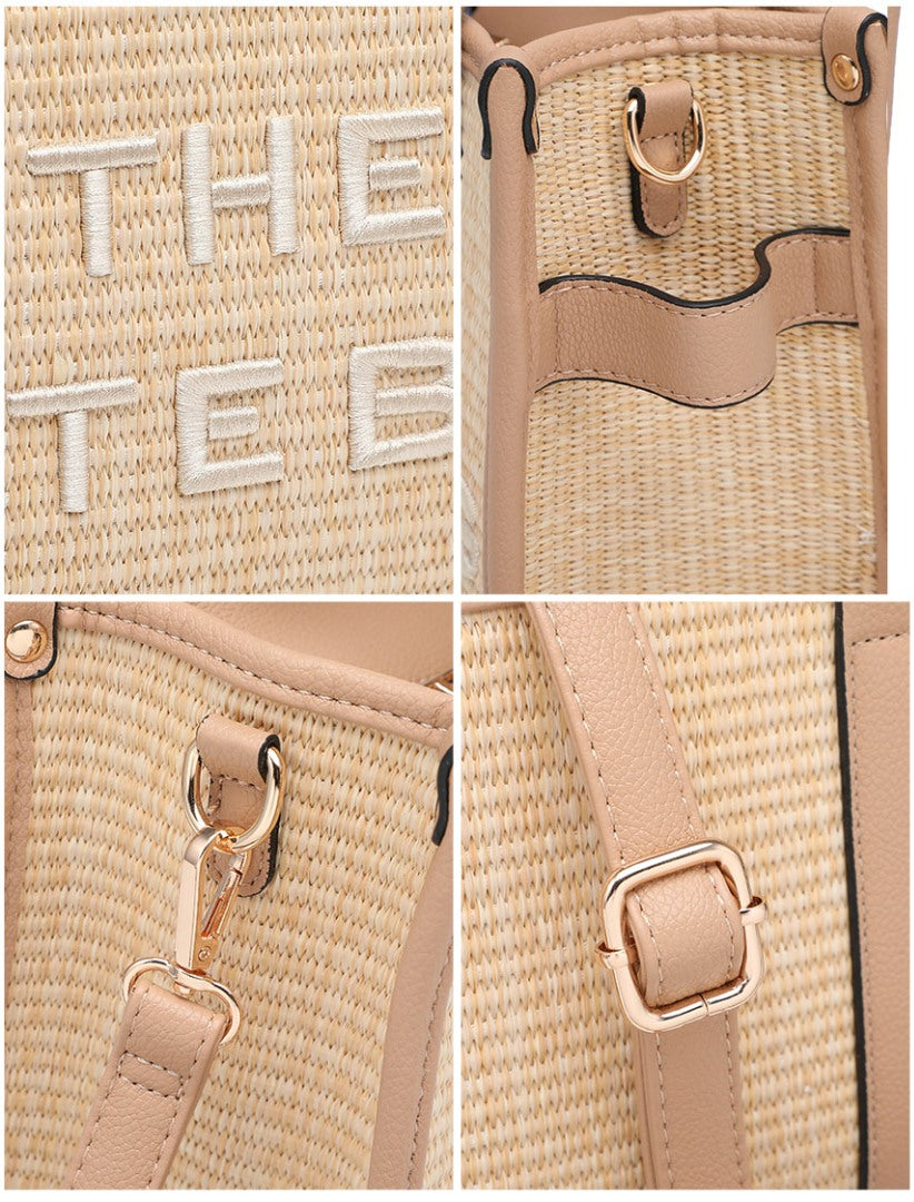 A four-panel close-up collage of a woven straw bag in a light beige tone with pale blush pink leather trim and gold-tone hardware. The top-left panel shows white embroidered lettering, and the other panels show details of the trim, strap attachment, and buckle.