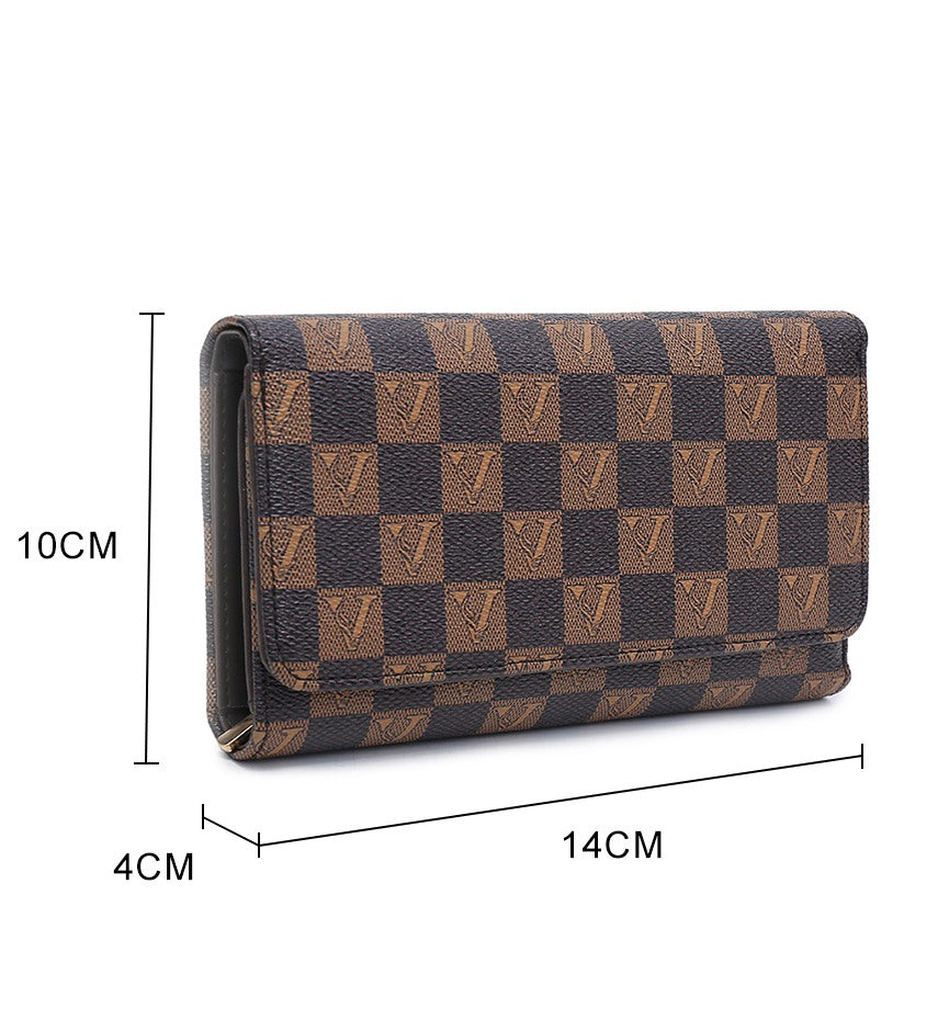 A brown and black checkered wallet with monogram pattern, shown with dimension lines indicating measurements of 14cm width, 10cm height, and 4cm depth.