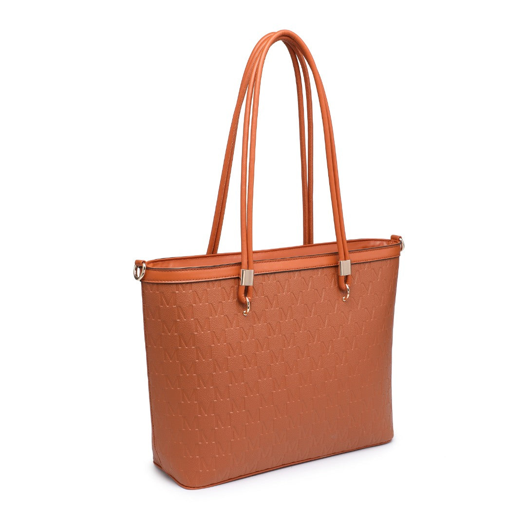 A structured tan tote bag with an embossed geometric pattern, dual shoulder straps, and gold-tone hardware, shown on a plain white background.