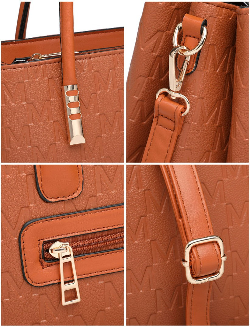 A four-panel close-up collage of a brown embossed handbag, showing the top handle, zipper detail, strap attachment, and buckle hardware