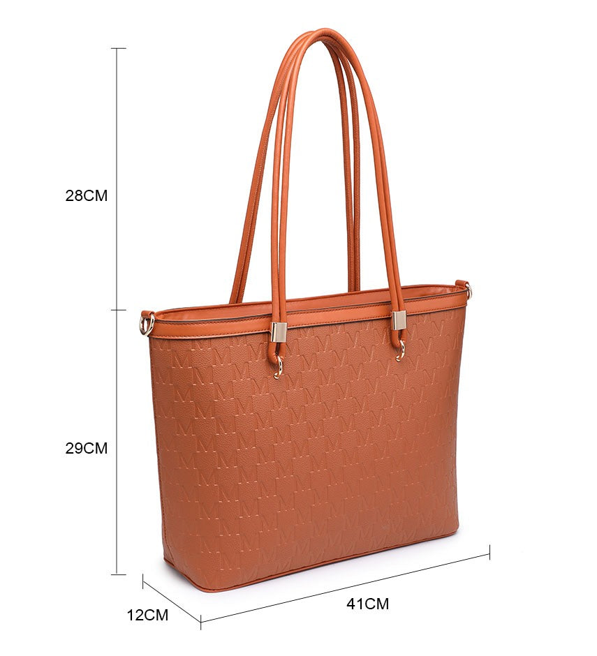 A brown tote bag with a textured embossed pattern, shown with dimension lines and labels indicating its height, width, and depth measurements.