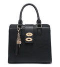 A black textured handbag with dual top handles, a front strap closure, and gold-tone hardware, including a decorative tassel charm with padlock detail, shown on a plain white background.