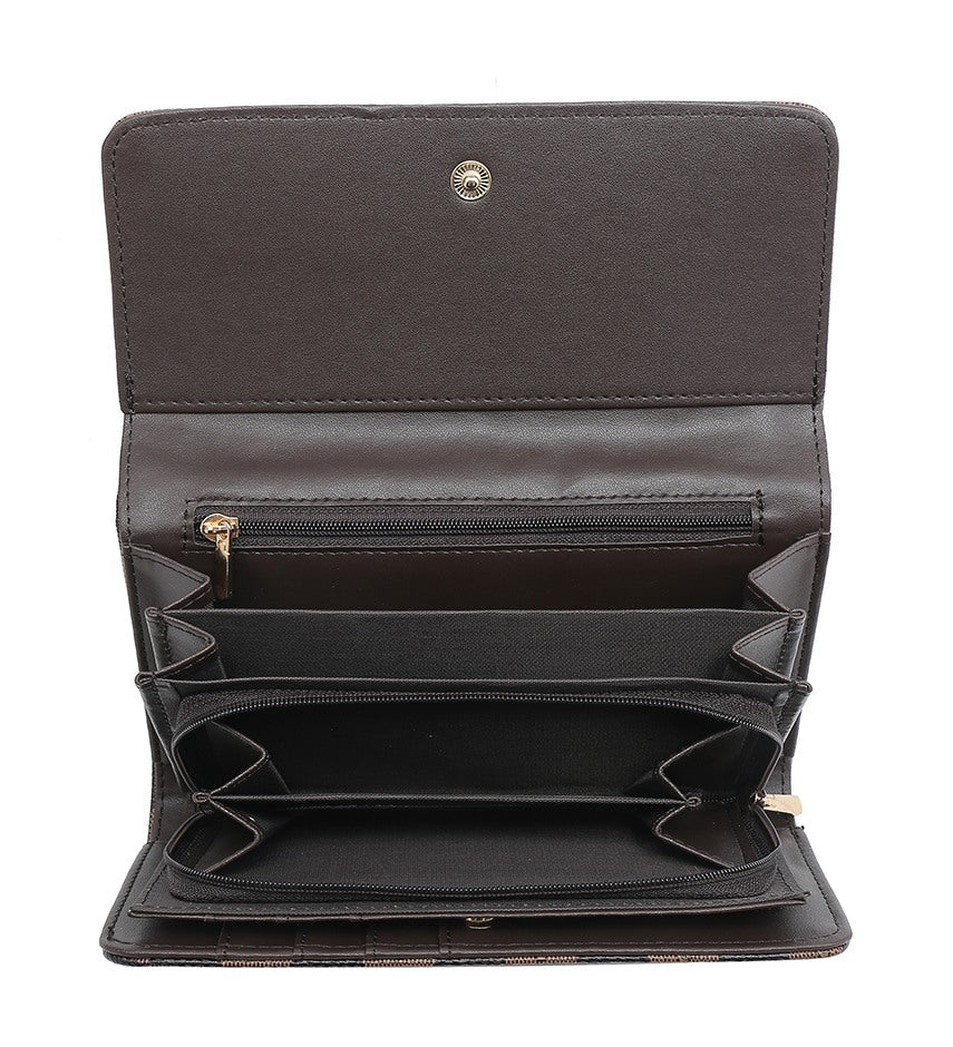 An open dark brown wallet showing its interior compartments, including card slots, a zippered pocket, and a snap button closure on the inside flap.