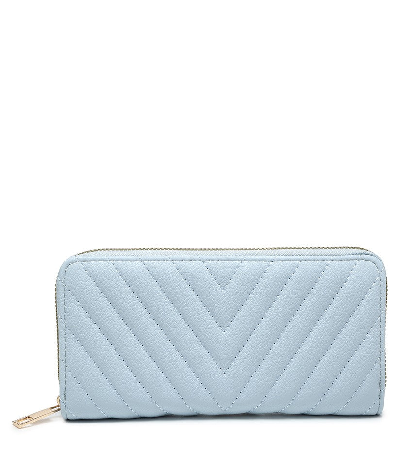 A light blue quilted zip-around wallet with a textured pebbled finish and gold-tone zipper hardware, shown against a plain white background.