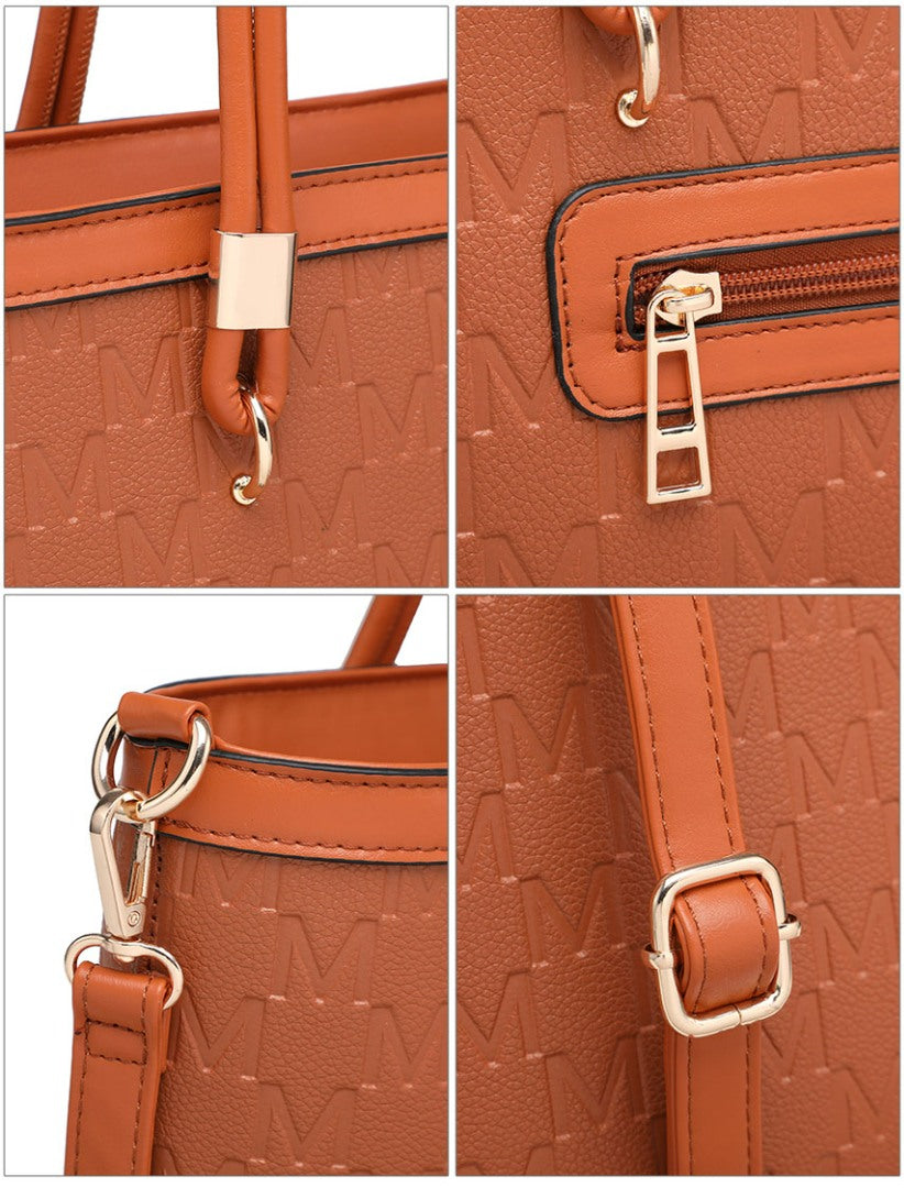 A four-panel close-up collage of a brown textured handbag, showing the embossed monogram pattern, a gold-tone zipper pull, metal hardware, and strap attachments.