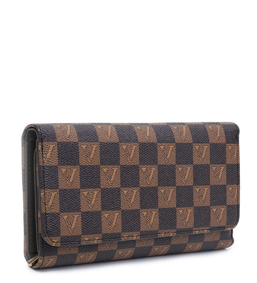 A long wallet in the brand's classic Damier Ebene, featuring a brown and dark charcoal checkered pattern with embossed V logos, shown on a plain white background.