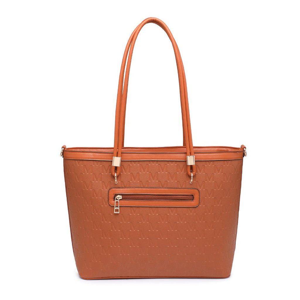 A structured tan-brown tote bag with a subtle embossed pattern, dual top handles, and a front zippered pocket, shown against a plain white background.