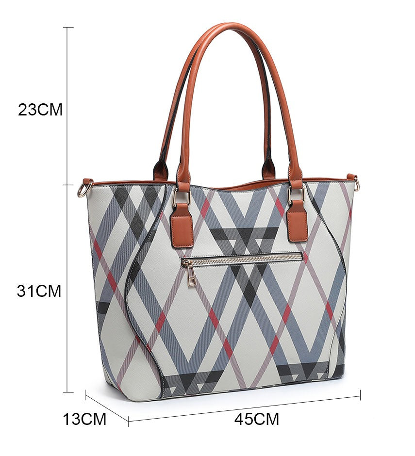 A tote bag with a gray, black, white, and red plaid pattern and brown handles, shown with dimension lines and labels indicating height, width, and depth.