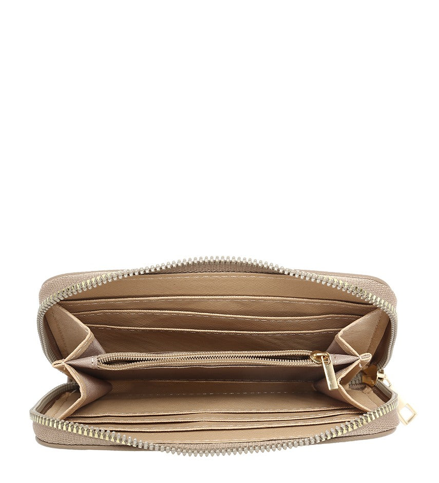 An open beige zip-around wallet with multiple interior card slots, a zippered compartment, and gold-tone hardware, shown against a plain white background.