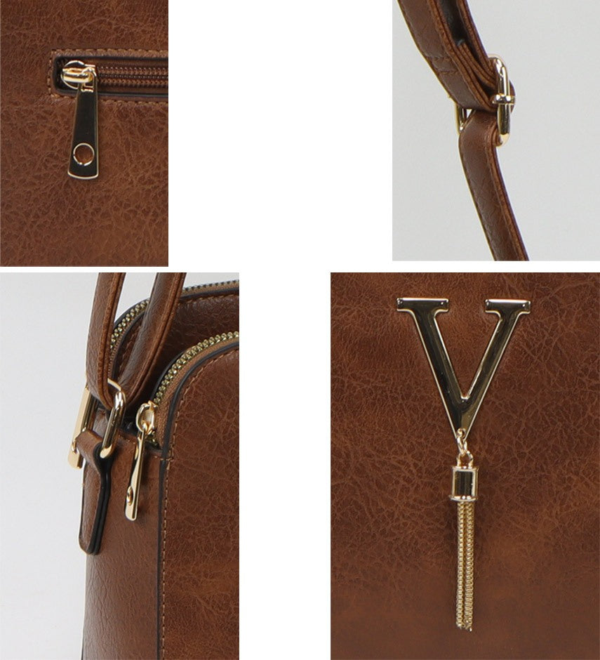 A close-up collage of a brown handbag showing details including a zipper pull, strap attachment, handle, and a large metallic letter V charm with a tassel.
