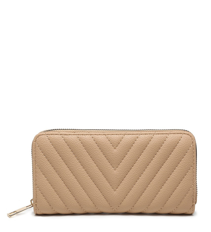 A beige quilted zip-around wallet with a chevron pattern and a gold zipper pull, shown against a plain white background.