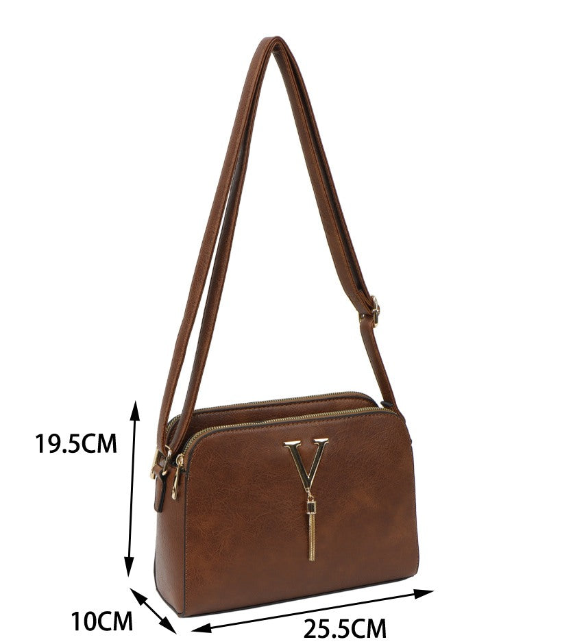 V-Detail Tassel Crossbody Bag