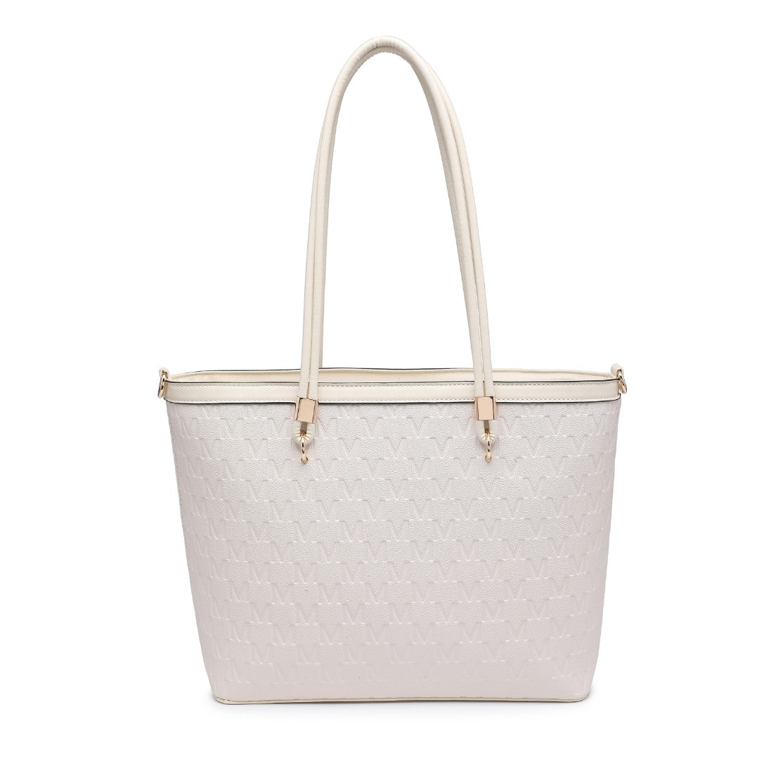 Light gray handbag with beige handles on a white background