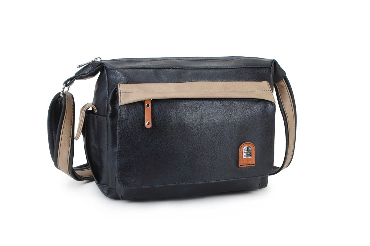 A dark navy blue faux leather messenger bag with a beige horizontal stripe across the front pocket, a matching beige shoulder strap, and a small brown leather logo patch on the lower right front.