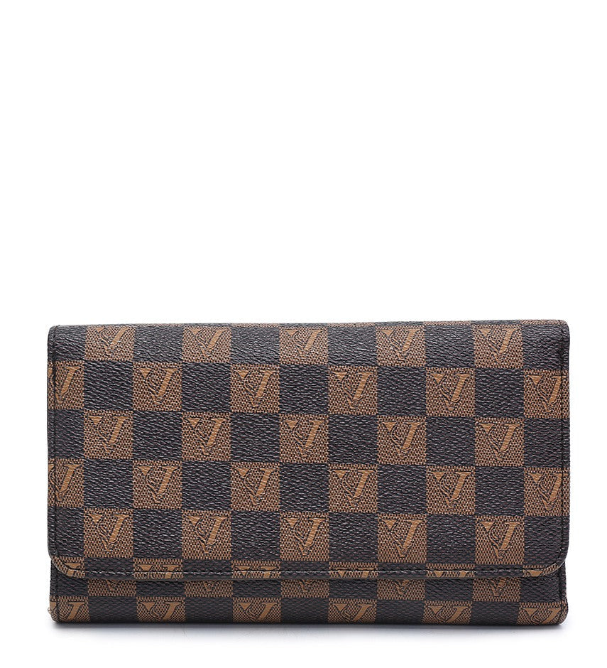 A long wallet in the classic Damier Ebene checkered pattern, featuring alternating brown and dark brown squares with embossed V logos, shown against a plain white background.
