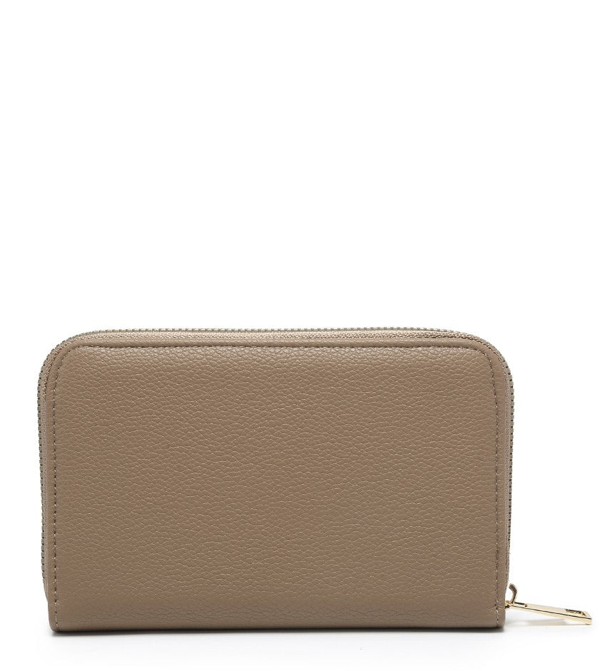 A taupe pebbled zip-around wallet with a gold-tone zipper pull, shown against a plain white background.