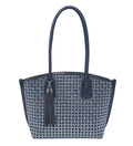 A navy blue tote bag with a white geometric grid pattern on the front, featuring dark blue braided shoulder straps and a matching tassel charm.