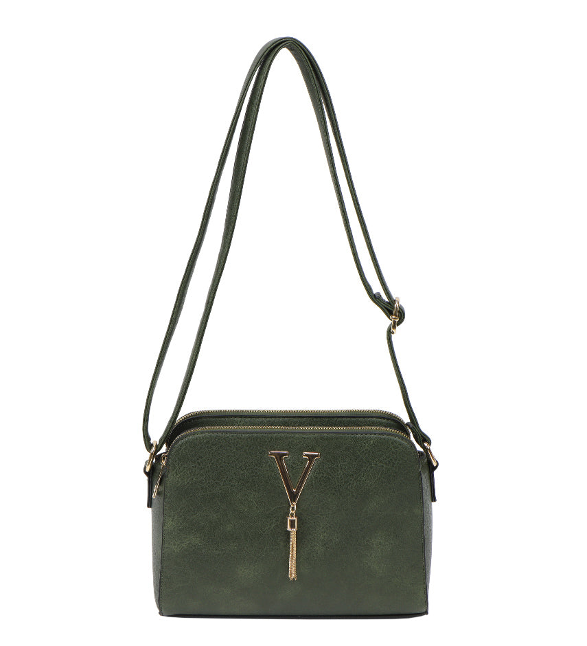 An olive green crossbody handbag with a textured finish, featuring a prominent gold-tone 'V' logo on the front and a matching adjustable shoulder strap, shown against a plain white background.
